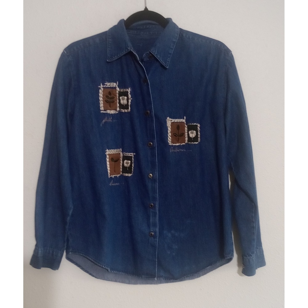 Vintage Christopher & Banks Denim Button Down Shirt Embroidered Fall Leaves Blue